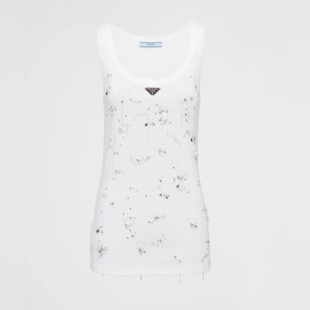 Prada Crystal Embroidered White Ribbed Knit Jersey Top Size 36 XS